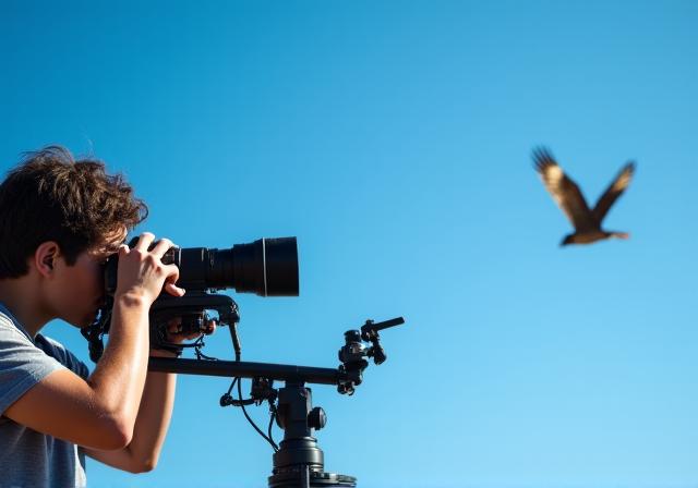 Un fotografo che punta una reflex verso un falco in volo