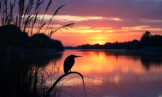 Tramonto lungo le rive del Tevere con uccelli acquatici